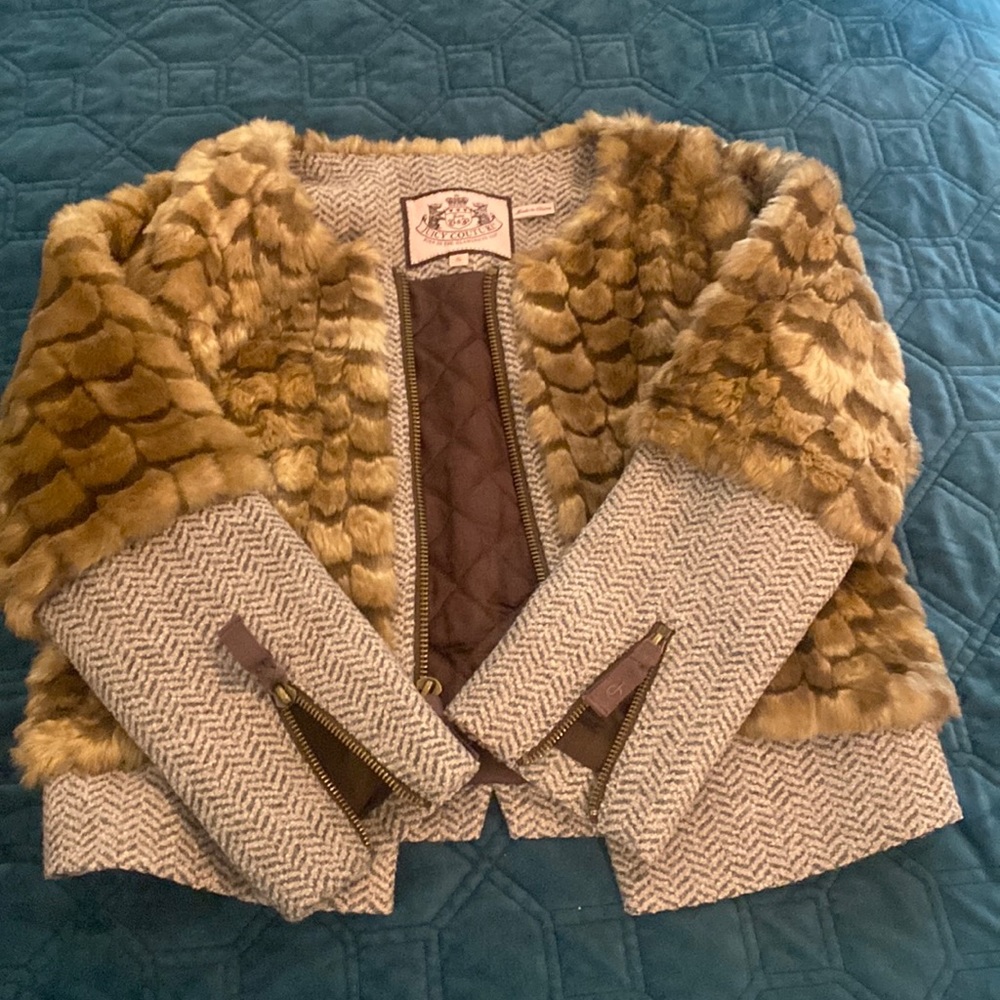 Juicy couture cropped faux fur and wool jacket